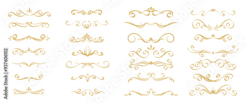 Luxury gold ornate invitation vector set. Collection of ornamental curls, dividers, border, frame, corner, components. Set of elegant design for wedding, certificates, logo design, branding.