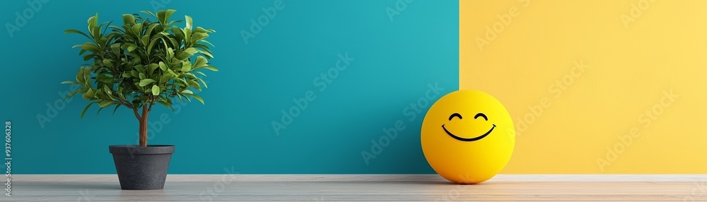 Cheerful scene featuring a smiley ball and a potted plant against colorful walls, perfect for promoting positivity. Cheerful scene featuring a smiley ball and a potted plant against colorful walls, perfect for promoting positivity.