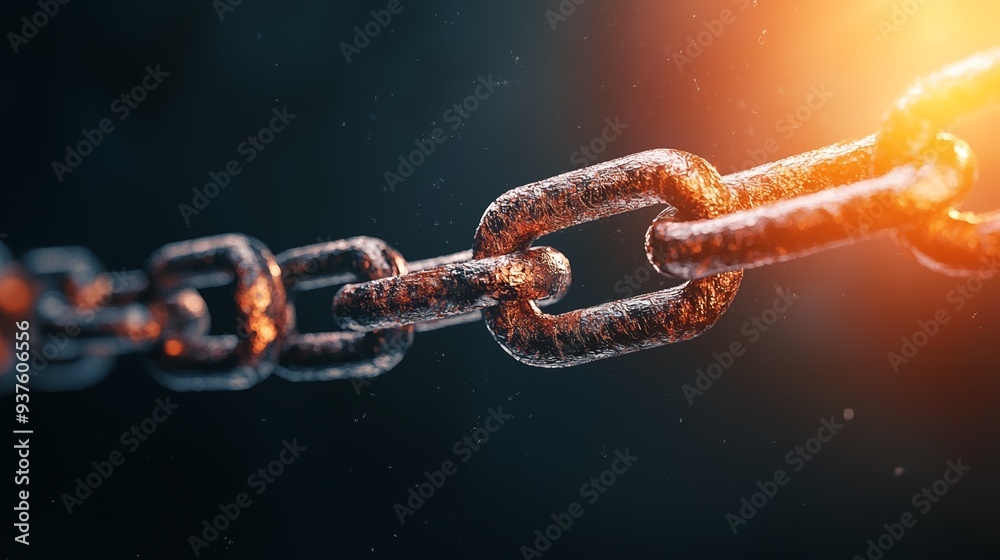 Close-up of a rusty metal chain highlighting its texture and details, illuminated by warm light in a dark background. Close-up of a rusty metal chain highlighting its texture and details, illuminated by warm light in a dark background.