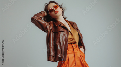  Stylish sunglasses. Haute couture collection. Beautiful fashion model girl posing in a designer brown leather jacket, blouse and orange wide leg pants. Studio shot on a gray background