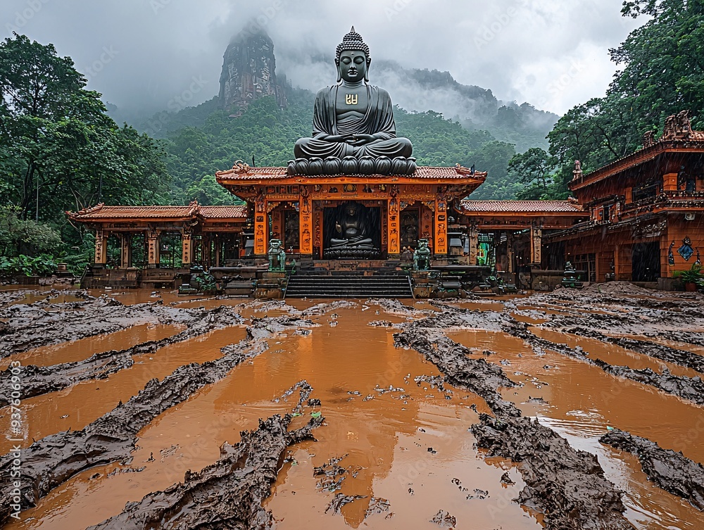 Obraz premium A flooded Buddhist shrine on a hill, with the statue of Buddha remaining above the water, while the lower grounds are completely submerged by muddy water.