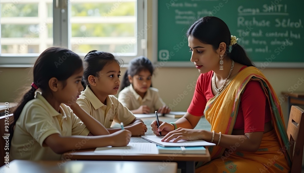 Asian children and Female teacher in classroom at elementary school. Examination, Learning and Education. Asian children and Female teacher in classroom at elementary school. Examination, Learning and Education.