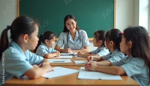Asian children and Female teacher in classroom at elementary school. Examination, Learning and Education.
