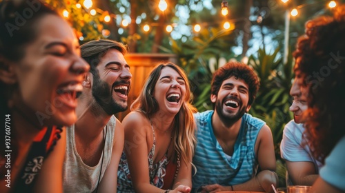 Friends Laughing Together At A Party With String Lights. photo