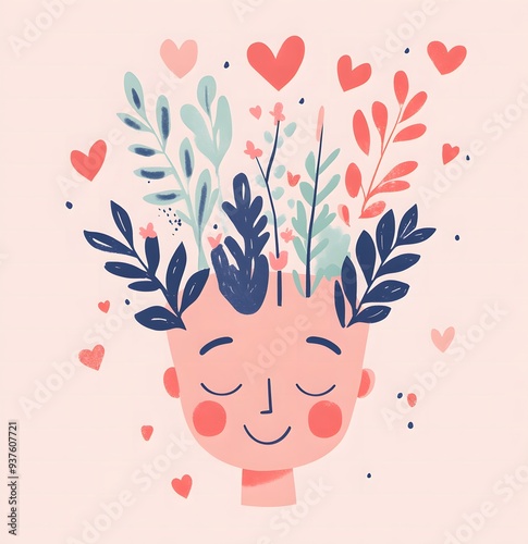 Head with growing flowers. Mental health. Harmony and happiness. Healthy mentality and self care photo