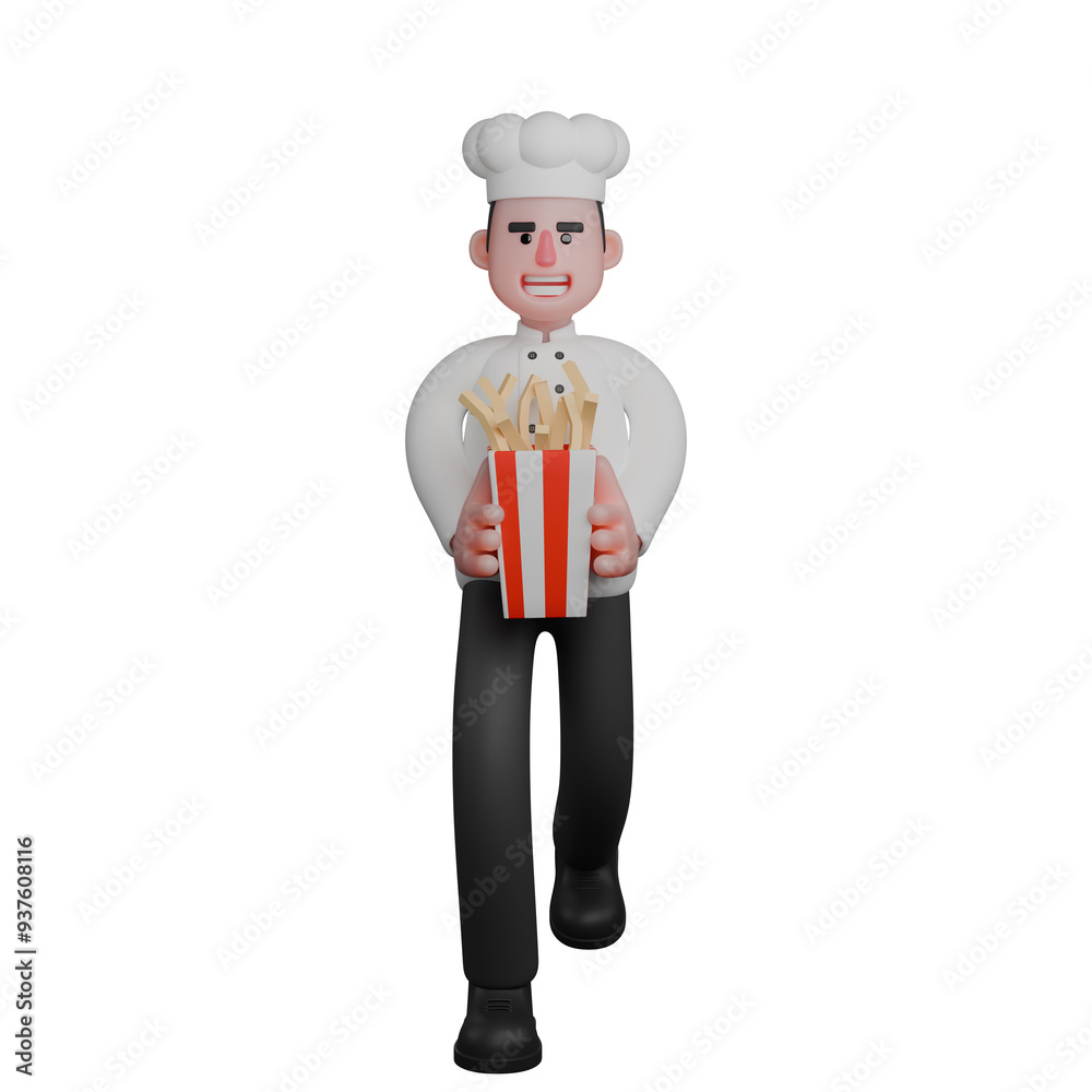 3D Model of Professional Male Chef. A confident chef is walking while carrying a large box of French fries. Cartoon 3D Model of Professional Male Chef. A confident chef is walking while carrying a large box of French fries. Cartoon