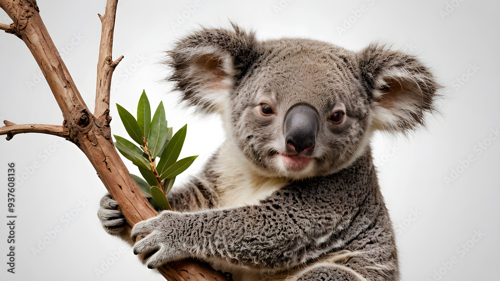 sleepy koala hugging a branch, isolated on white background sleepy koala hugging a branch, isolated on white background