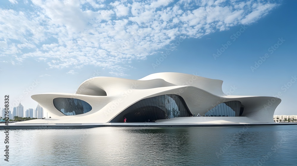 Futuristic Architectural Landmark with Flowing Organic Design overlooking Cityscape and Waterfront Futuristic Architectural Landmark with Flowing Organic Design overlooking Cityscape and Waterfront