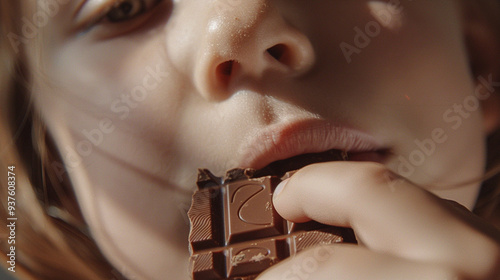 A close-up of a girlâs face as she takes a bite of chocolate, her lips slightly parted, highlighting the indulgence