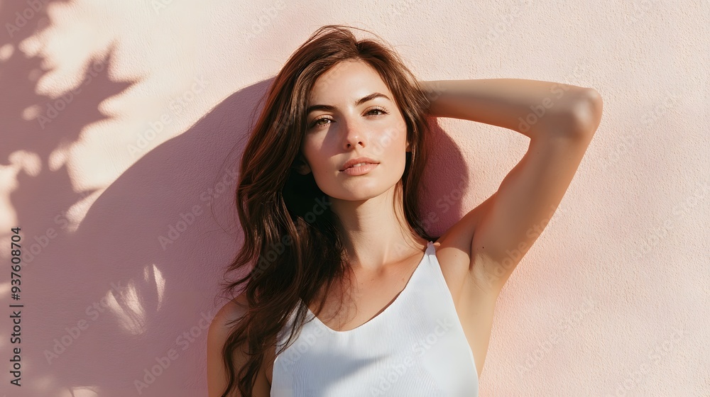 Woman in White Sleeveless Top: A woman in a white sleeveless top, posing against a pastel-colored wall with soft shadows.
Woman in White Sleeveless Top: A woman in a white sleeveless top, posing against a pastel-colored wall with soft shadows.