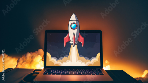 A stylized illustration of a rocket launching from a laptop screen, symbolizing digital innovation, startup success, and technology-driven growth.