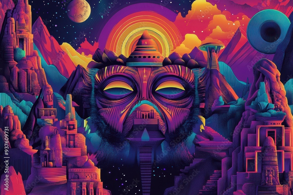 Abstract Cosmic Landscape with a Giant Face and Ancient Structures Abstract Cosmic Landscape with a Giant Face and Ancient Structures