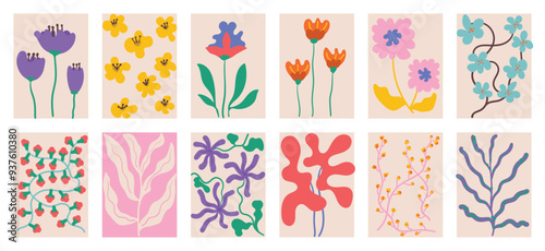 Botanical doodle background vector set. Flower and leaves abstract shape doodle art design for print, wallpaper, clipart, wall art for home decoration.