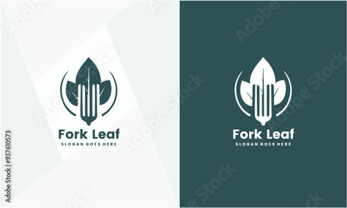 Healthy food logo design with spoon and leaf elements. premium vector on EPS10 file