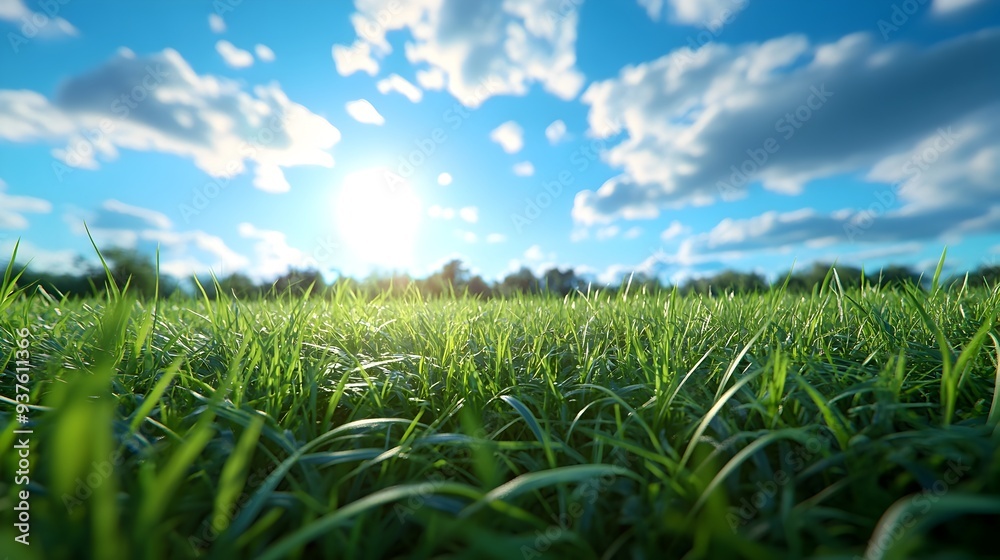 Fototapeta premium Serene Morning in Verdant Meadow with Radiant Sky and Lush Greenery