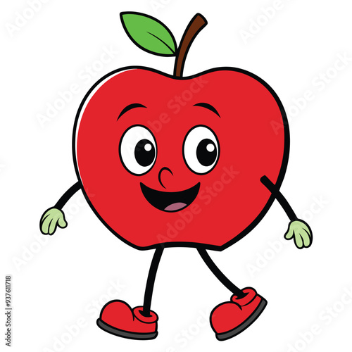 Cute Apple Walking Vector – Adorable Cartoon Fruit Character with Legs and Smile in Flat Style, Perfect for Kids Graphics, Educational Materials, Stickers, and Fun Food Illustrations