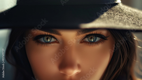 Indoor portrait of a young beautiful fashionable woman wearing stylish accessories. Hidden eyes with hat. Female fashion, beauty and advertisement concept. Close up