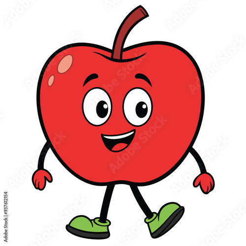 Cute Apple Walking Vector – Adorable Cartoon Fruit Character with Legs and Smile in Flat Style, Perfect for Kids Graphics, Educational Materials, Stickers, and Fun Food Illustrations