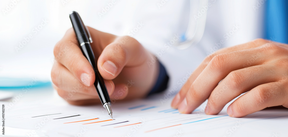 Close-Up of Business Professional Analyzing Financial Charts and Graphs with Pen in Hand Close-Up of Business Professional Analyzing Financial Charts and Graphs with Pen in Hand