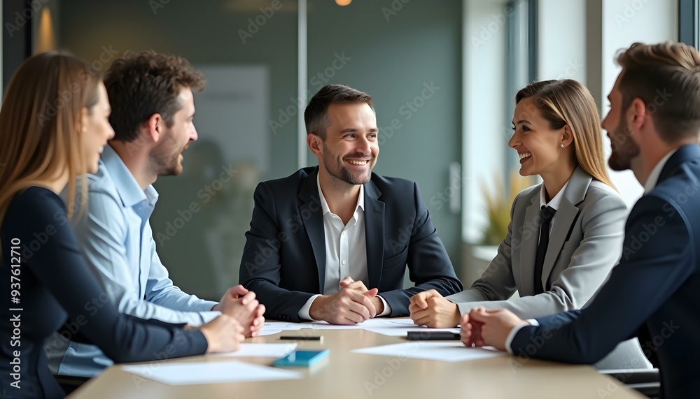 Group of colleagues engaging in a discussion during a business meeting in a conference room. Happy business people, men and women, collaborating and working towards their shared goals. Group of colleagues engaging in a discussion during a business meeting in a conference room. Happy business people, men and women, collaborating and working towards their shared goals.