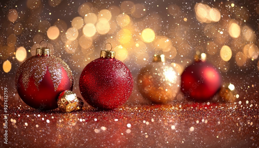 Festive Red Christmas Ornaments on Sparkling Background Festive Red Christmas Ornaments on Sparkling Background