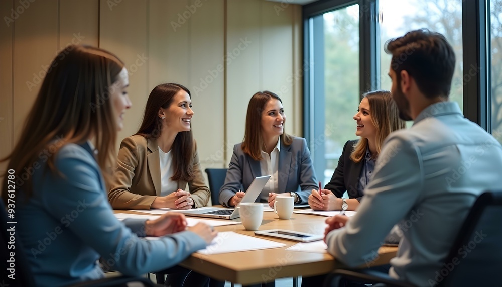 Group of colleagues engaging in a discussion during a business meeting in a conference room. Happy business people, men and women, collaborating and working towards their shared goals. Group of colleagues engaging in a discussion during a business meeting in a conference room. Happy business people, men and women, collaborating and working towards their shared goals.
