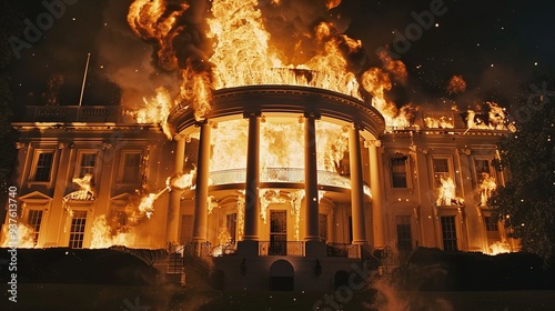White House burning in a massive blaze, symbolizing destruction political tension and turmoil with a dramatic and intense portrayal of a historic landmark in flames