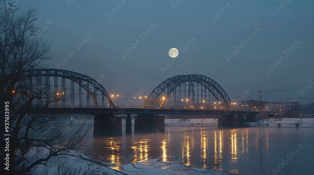 Fototapeta premium Full moon rising over a city bridge and river, with soft reflections of city lights on the water creating a tranquil and serene night scene