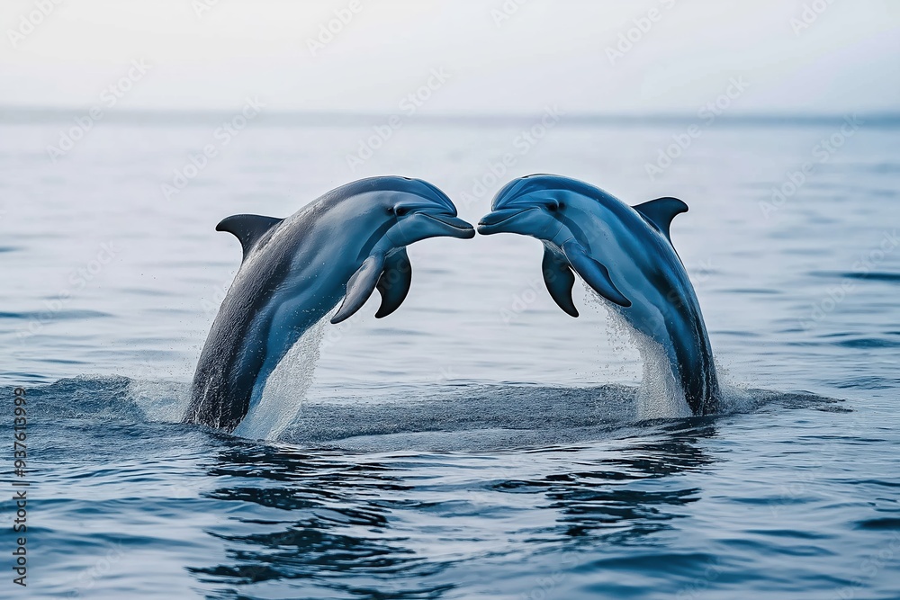Fototapeta premium Two dolphins jumping synchronously from the water