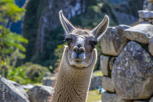 Close-up portrait of a llama with a curious expression