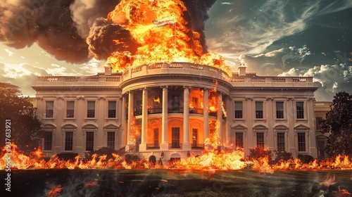 White House engulfed in flames representing chaos destruction and dramatic events in a politically charged environment with a dark and intense atmosphere