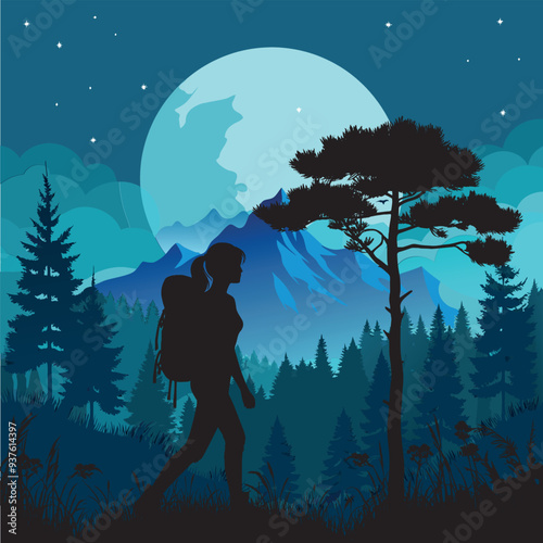 A silhouette vector of mountain adventure hikers