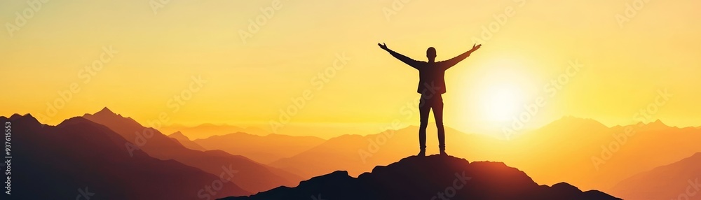 Silhouette of a man standing on a mountain peak with arms raised at sunset, symbolizing freedom, achievement, and inspiration. Silhouette of a man standing on a mountain peak with arms raised at sunset, symbolizing freedom, achievement, and inspiration.