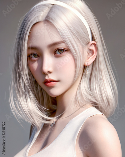 High Quality Detailed, Woman Beauty skin texture, ash gray hair and white hair band, natural light glowing skin, AI generative