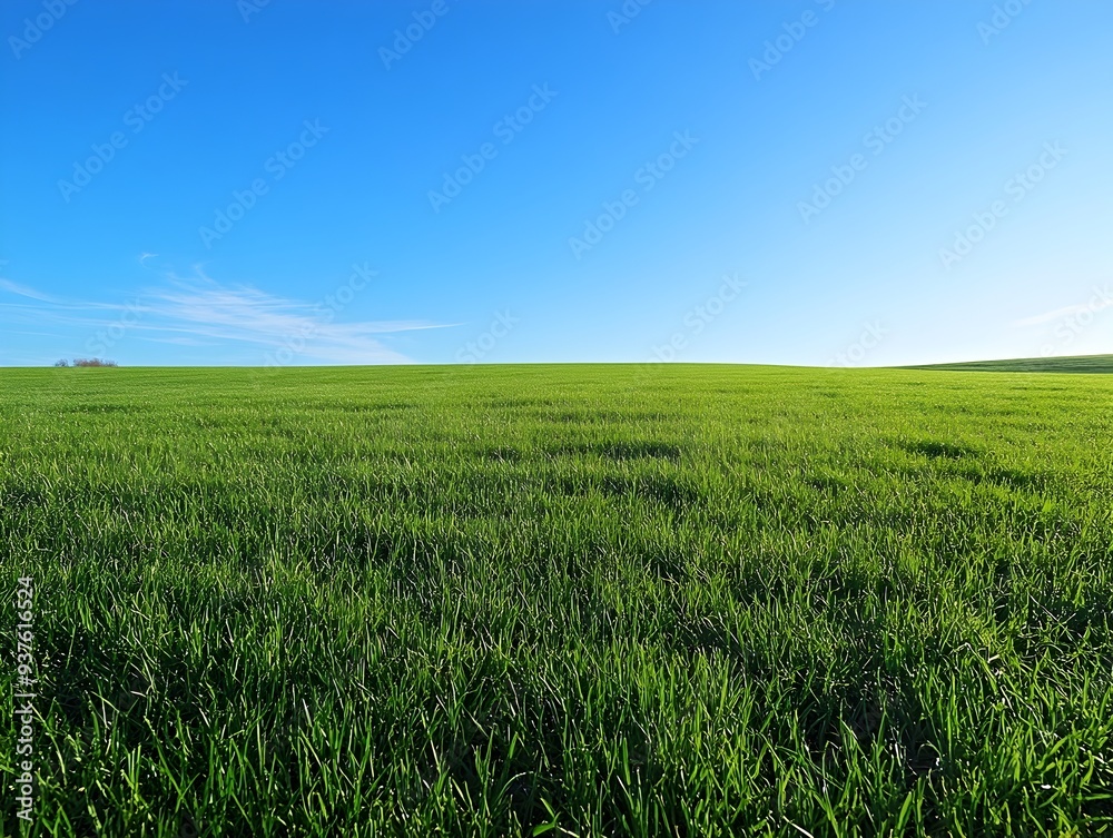 Expansive green meadow under a clear blue morning sky Expansive green meadow under a clear blue morning sky