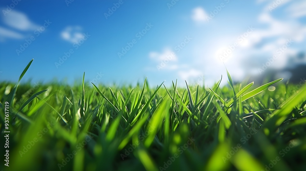 Obraz premium Lush Green Grass Carpet in Early Morning Under Bright Blue Sky