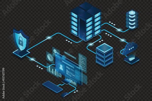VPN protection with a shield. Virtual private network security technology concept. Cyber security. Vector illustration