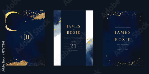 Luxury invitation card design vector set. Elegant wedding card with little star moon sun and space decorative on watercolor navy blue background. Design illustration for cover, poster, gala.
