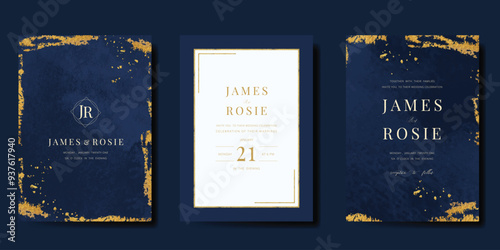 Luxury invitation card design vector set. Elegant wedding card with little star moon sun and space decorative on watercolor navy blue background. Design illustration for cover, poster, gala.