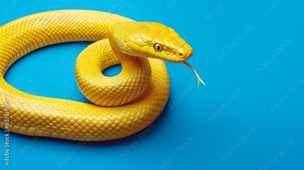 Naklejka premium A yellow snake coiled on a blue background, creating a striking contrast between the vibrant yellow of the snake and the deep blue backdrop, highlighting the snake's smooth scales and elegant form
