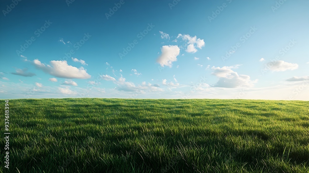 Obraz premium Early Morning Peaceful Landscape of Expansive Green Meadow Under Cloudless Blue Sky