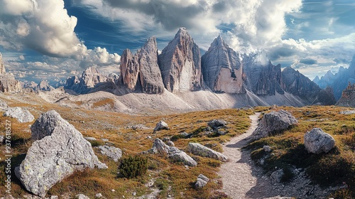 Famous Italian National Park Tre Cime di Lavaredo Dolomites, South Tyrol Oronzo. copy space for text. photo