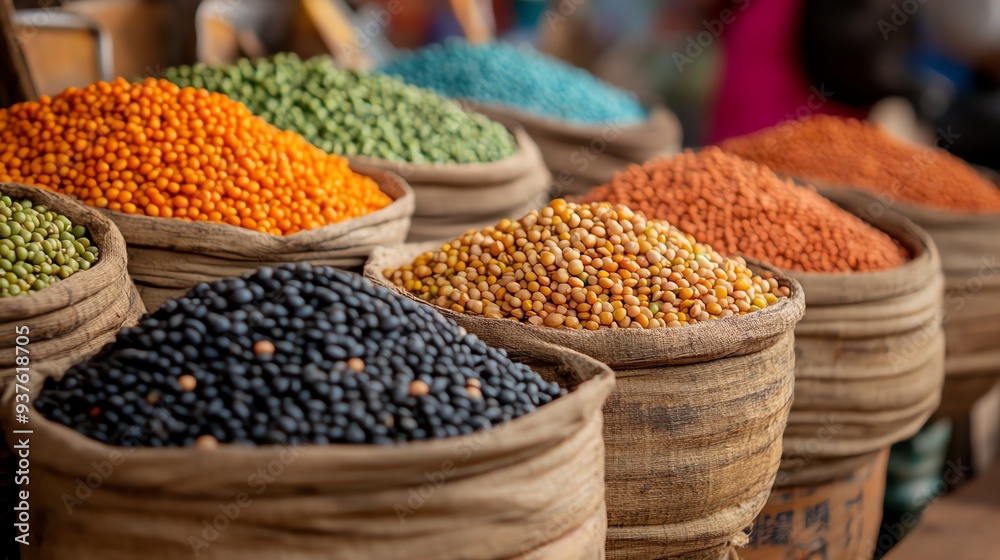 Assorted legumes in a vibrant market scene, Main keyword legumes, Concept global harvest Assorted legumes in a vibrant market scene, Main keyword legumes, Concept global harvest