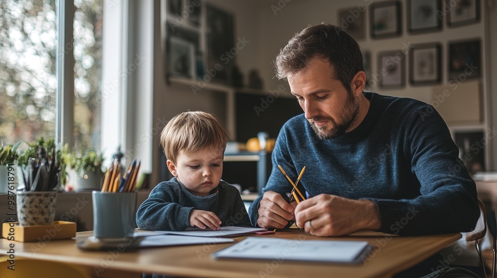 father with small son sitting at table indoors, making homework in the table. copy space for text. father with small son sitting at table indoors, making homework in the table. copy space for text.