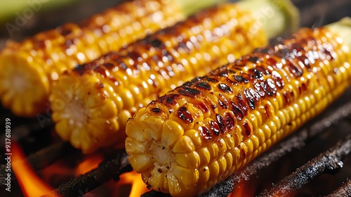 Closeup of sweetcorn cob with char marks from grilling, Main keyword sweetcorn, Concept smoky flavor photo