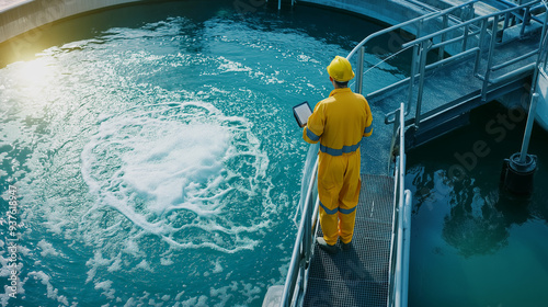 Industrial workers in hard hats walking through water treatment plant or aeration tank in wastewater and sewage treatment plant, industrial water recycling and purification