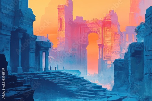 Ruined Cityscape with a Blue and Pink Color Palette