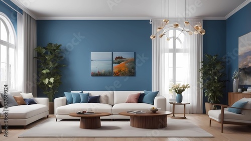 photograph of a modern living room with bright blue walls.