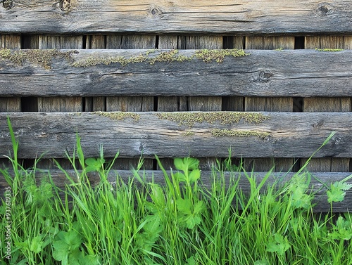 Grass growing around a rustic wooden fence, Main keyword grass, Concept countryside charm photo