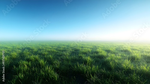 Serene Early Morning Landscape with Lush Green Grass and Expansive Blue Sky